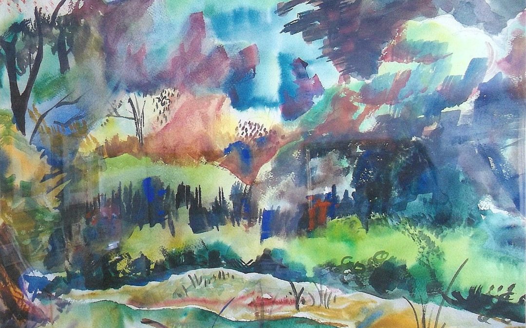 Landscape with Pond, watercolor, 19″ x 28″