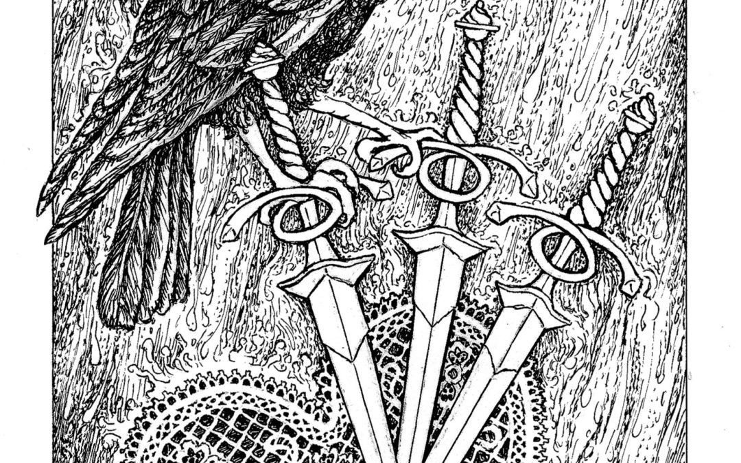The Swords Three, pen and ink drawing on illustration board, 5″ x 7″