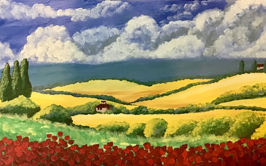 Tuscan Fields, acrylic on canvas, 8″ x 16″