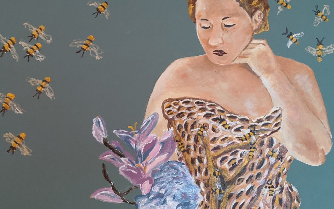 Consider the Bee, acrylic on canvas, 31″ x 31″, 2019