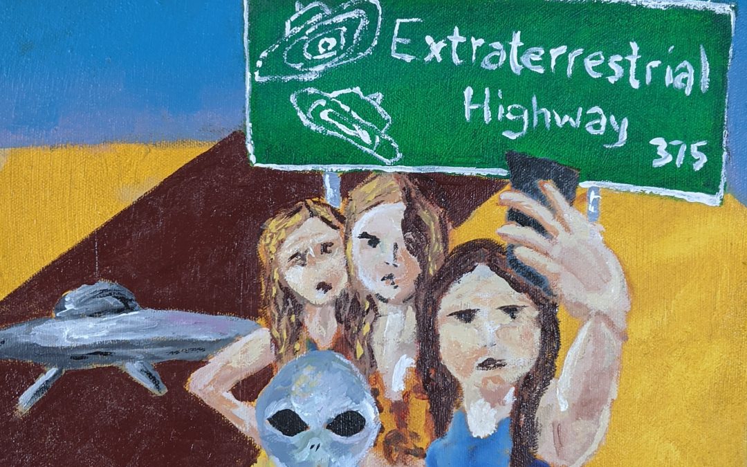 Detour on the Extraterrestrial Highway, acrylic on canvas, 13″ x 13″, 2019