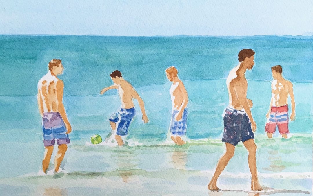 Beach Soccer Play, watercolor on paper, 12″ x 12″