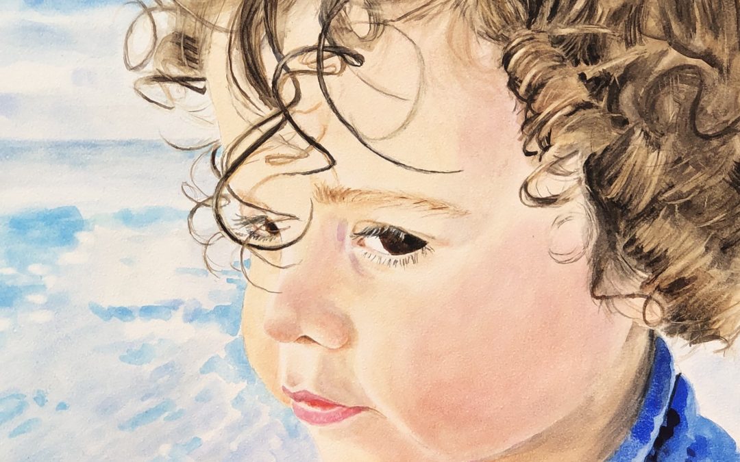 Sean at the Beach, watercolor on Aquabord, 12″ x 12″