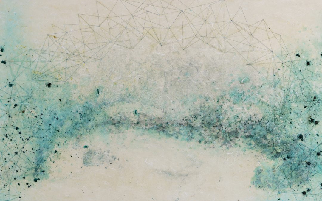 Silver Lining, bronze filings, thread , acrylic, paper mounted on panel, 36″ X 61″, 2021