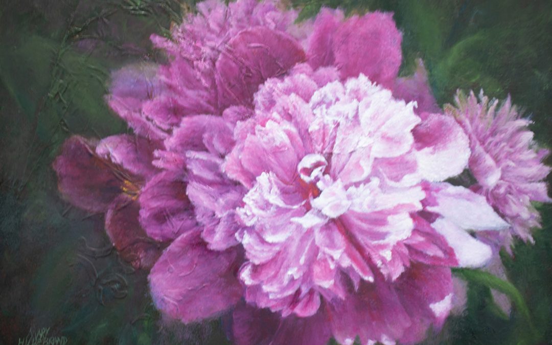 Crimson Peonies, oil on hardboard, 9″ x 12″