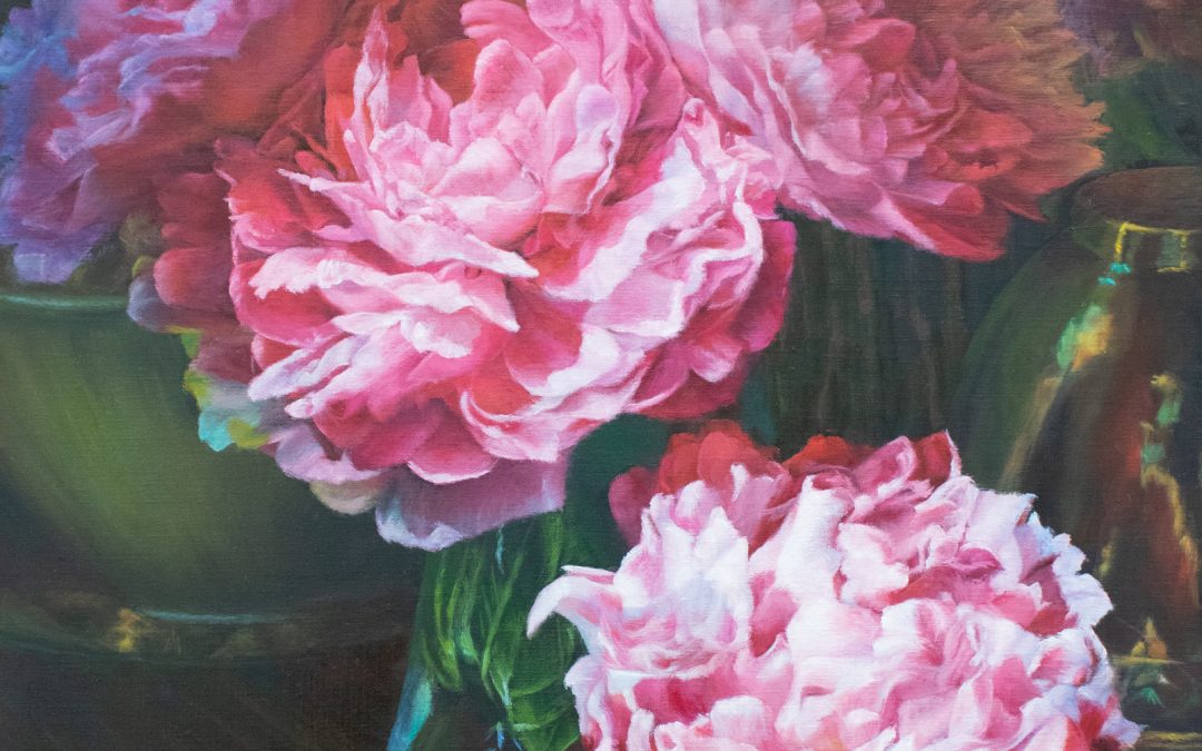 Peonies and Brass, oil, 24″ x 20″